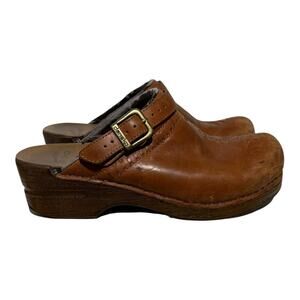 Dansko Women's 7.5/8 Brown Leather Clogs Strap Back Comfort Mules Wood Look